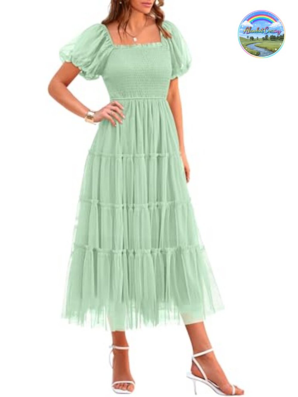 Womens Smocked Midi Tulle Dress Square Neck Puff Sleeve Fit Flare